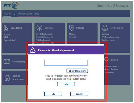 Changing the admin password on the BT Smart Hub 2