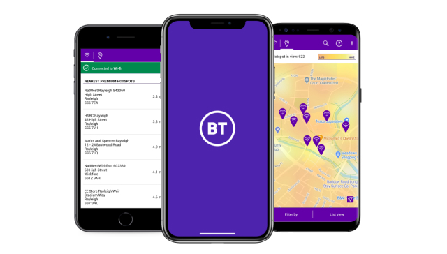 Device screens showcasing the BT Wi-Fi app. Featuring maps of wi-fi hot spots near you along with the address and distance.