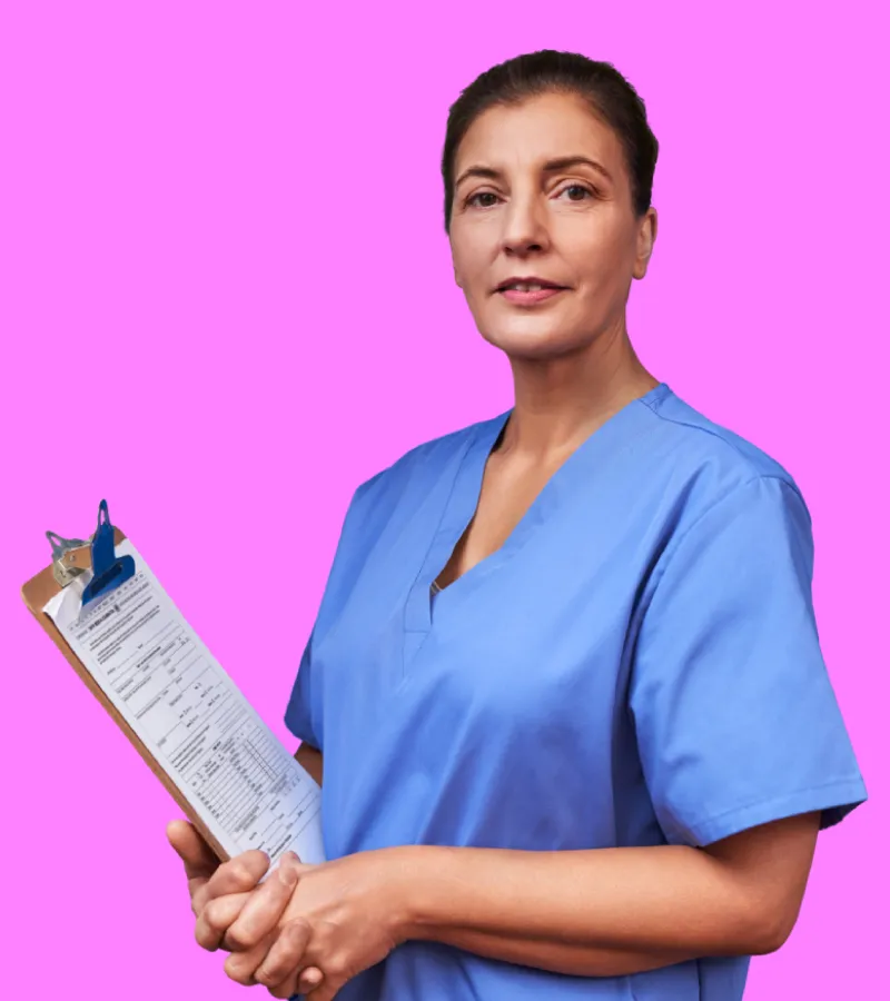 A nurse in scrubs holding a clipboard