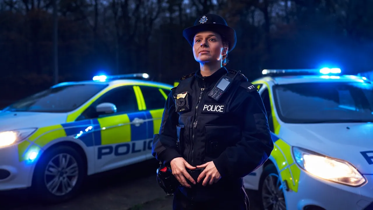 A female police officer stands in front of two police cars at night