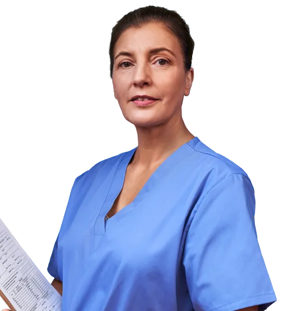 A nurse in scrubs holding a clipboard