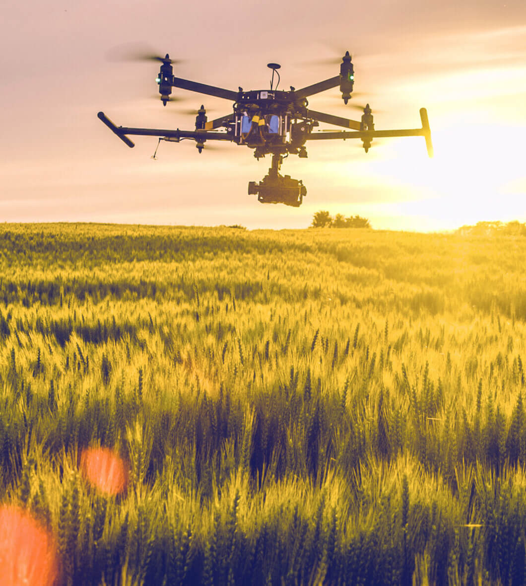 Drone flying over a crop field 