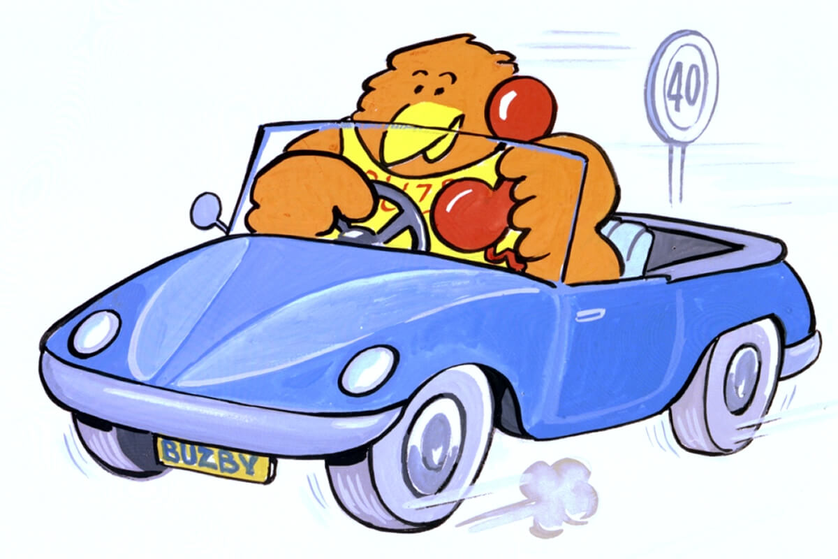Buzby in a car