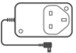 Power supply. A 3-PIN UK plug, rectanglular shaped with a cable and power connector at the end.