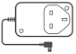 Power supply. Small box with 3-PIN UK plug and a cable with the power connector at the end