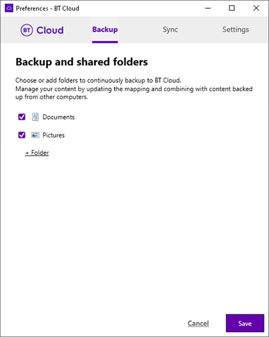 Preferences - BT Cloud. Backup and shared folders tab open.