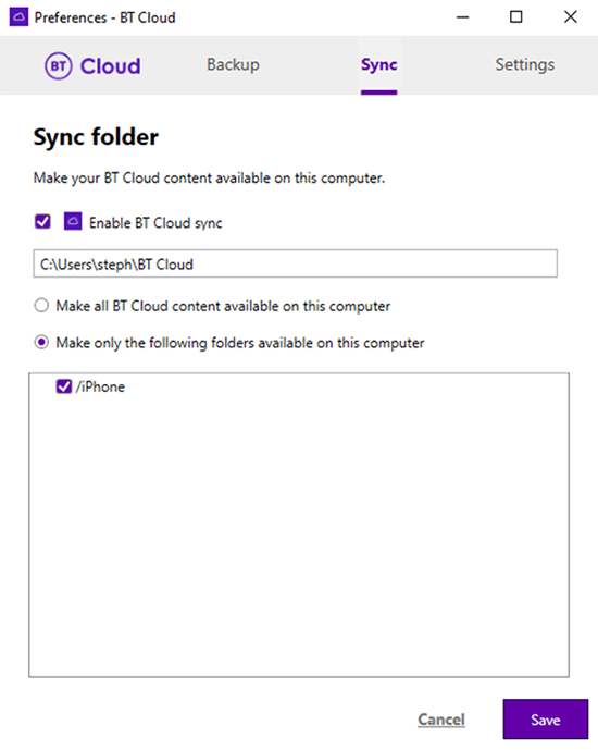 Enable BT Cloud sync checkbox selected