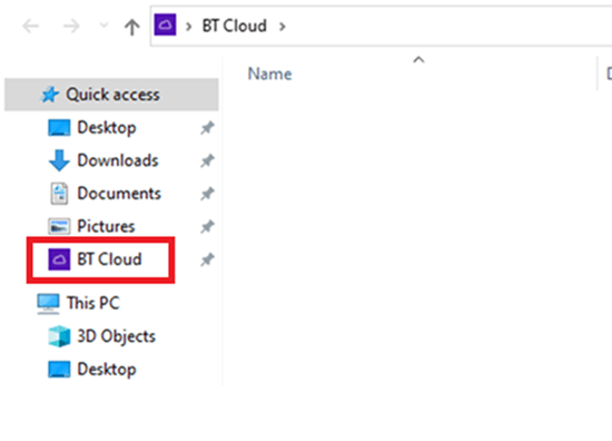 BT Cloud selected on a Windows computer