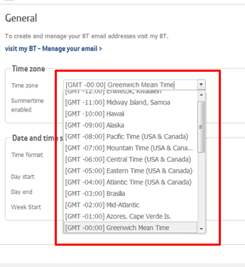 Changing time settings in BT Mail