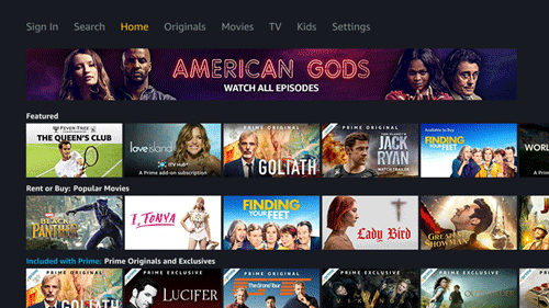 The home screen of Prime Video