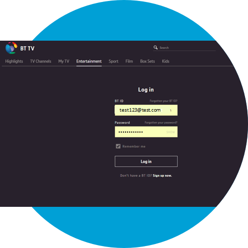 Screen on the web showing BT ID username and password boxes for login