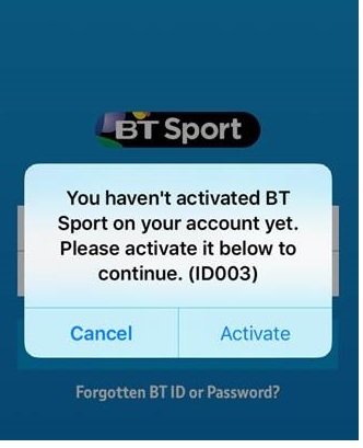 BT Sport App  error message