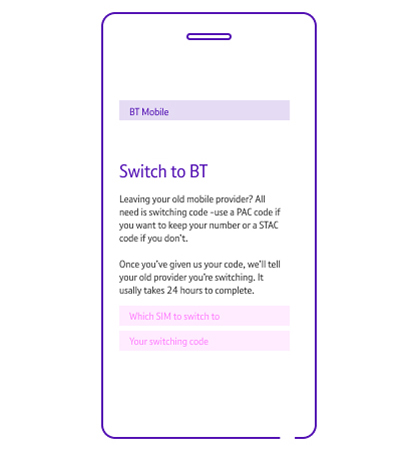 Line drawing of phone showing 'Switch to BT' and info