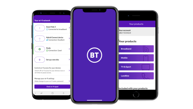 Device screens showcasing the My BT app and some of the features on offer. Viewing your account and products and your wi-fi networks and settings.