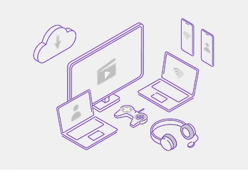 Illustration of multiple connected devices, including computers, a games controller, and cloud services, representing heavy internet use such as gaming and high‑quality streaming.