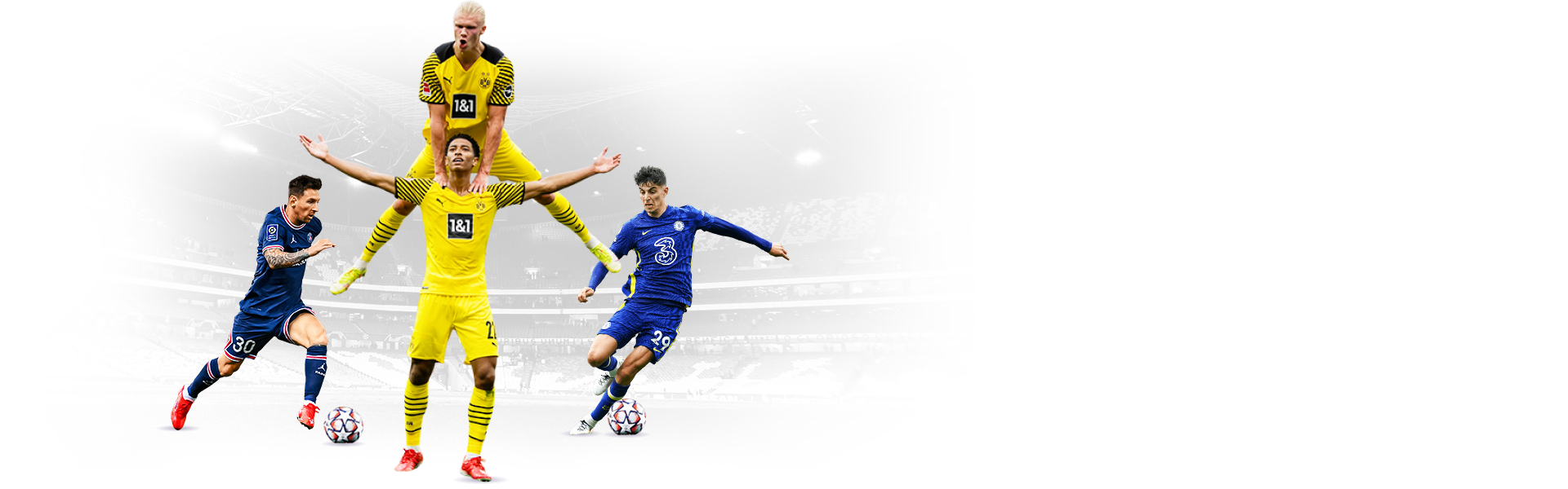 Footballers including Lionel Messi, Erling Haarland, Jude Bellingham and Kai Havertz.